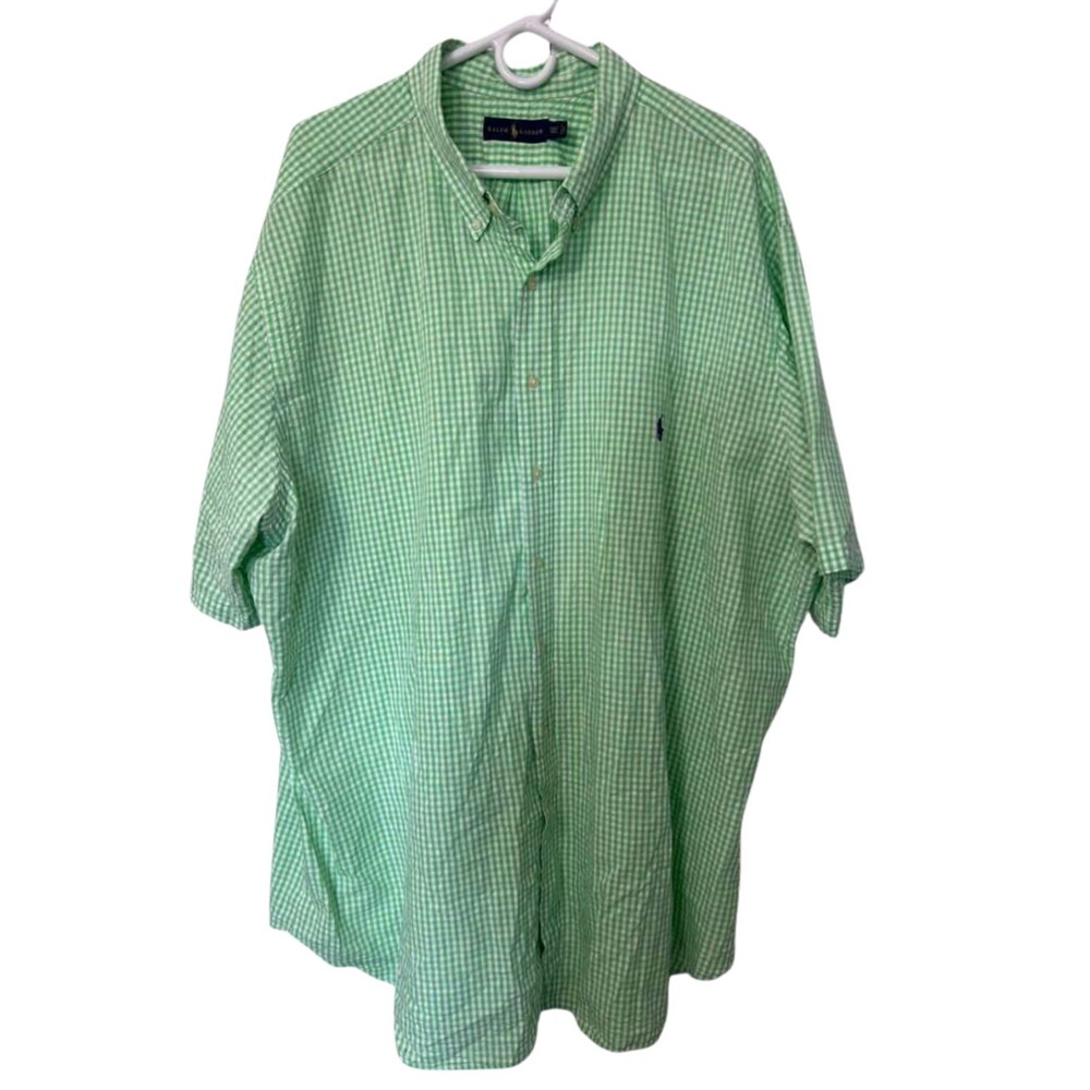 Ralph Lauren Button Down Shirt Mens 3XLT Green Checkered Gingham Short Sleeve